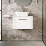 Modern Splash 600mm Satin White 1 Drawer Wall Hung Vanity With Bellato Grey Worktop