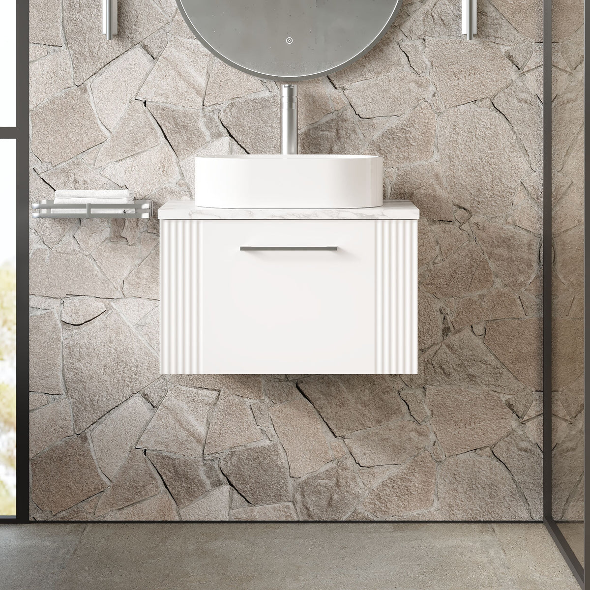 Modern Splash 600mm Satin White Part Fluted 1 Drawer Wall Hung Vanity With Carrara Laminate Worktop