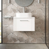 Modern Splash 600mm Satin White Part Fluted 1 Drawer Wall Hung Vanity With Carrara Laminate Worktop