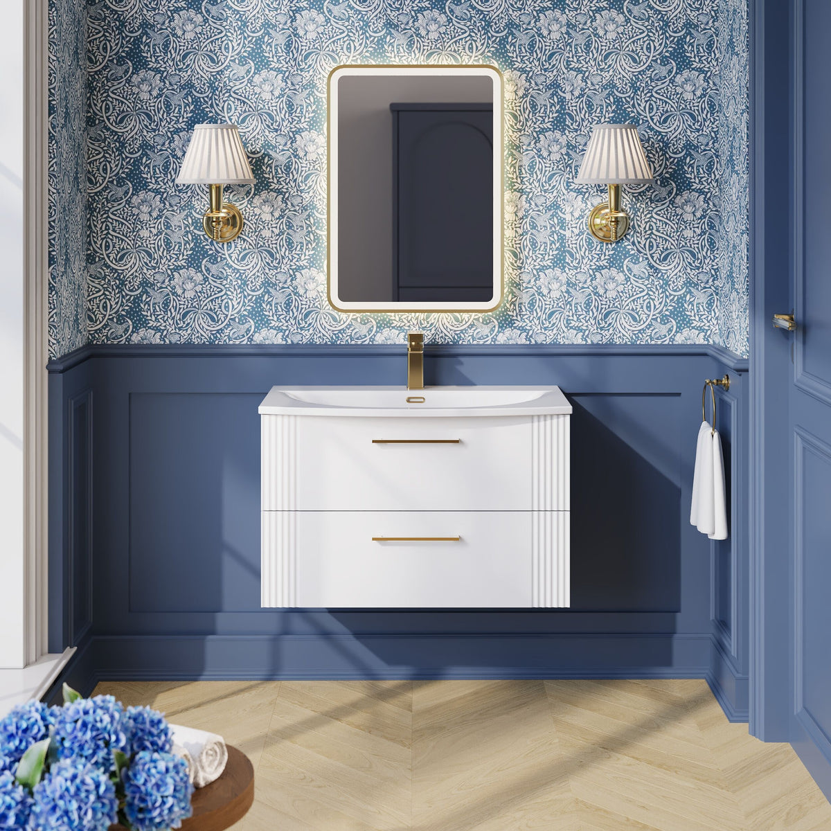 Modern Splash 800mm Satin White 2 Drawer Wall Hung Vanity Unit With Curved Basin
