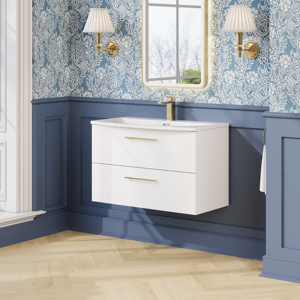 Modern Splash 800mm Satin White 2 Drawer Wall Hung Vanity Unit With Curved Basin