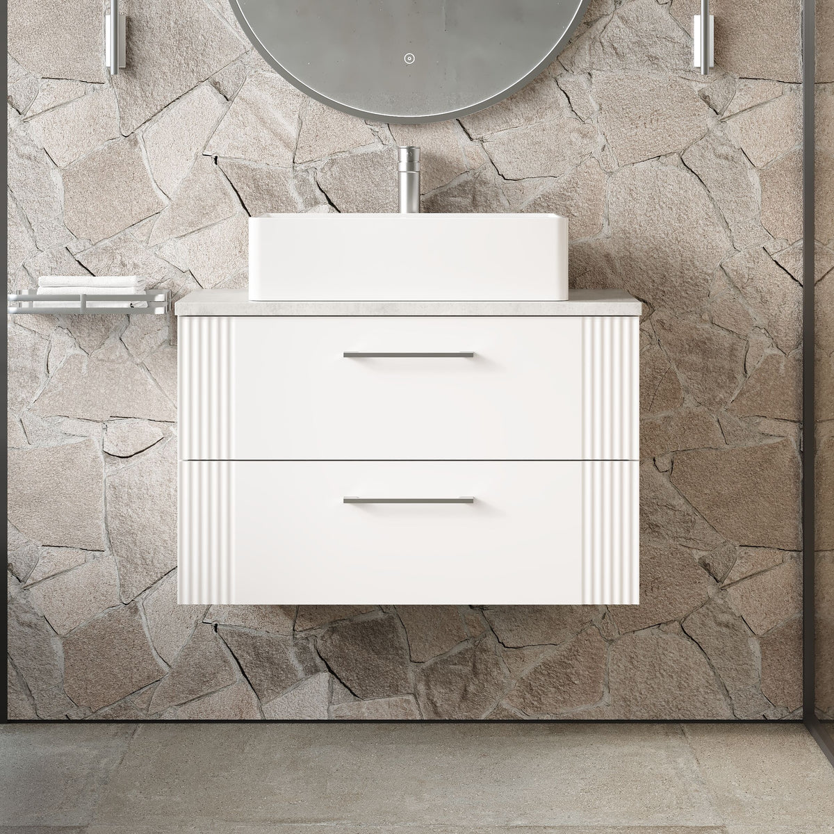 Modern Splash 800mm Satin White 2 Drawer Wall Hung Vanity With Bellato Grey Worktop