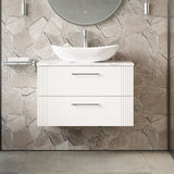 Modern Splash 800mm Satin White 2 Drawer Wall Hung Satin White Vanity Unit With Carrara Laminate Worktop