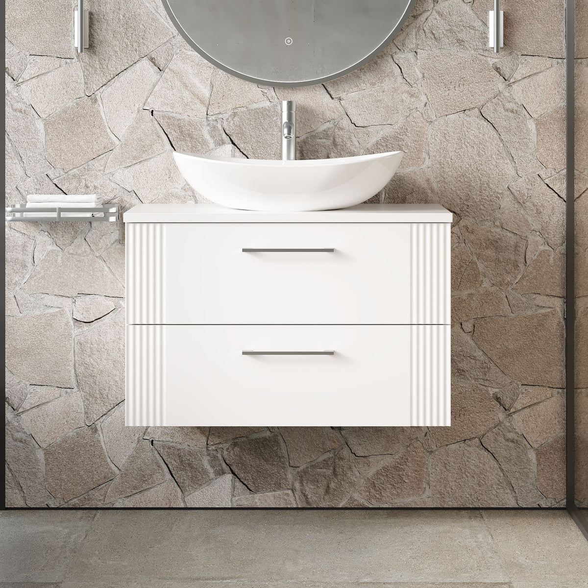 Modern Splash 800mm Satin White 2 Drawer Wall Hung Vanity With Co-ordinating Worktop