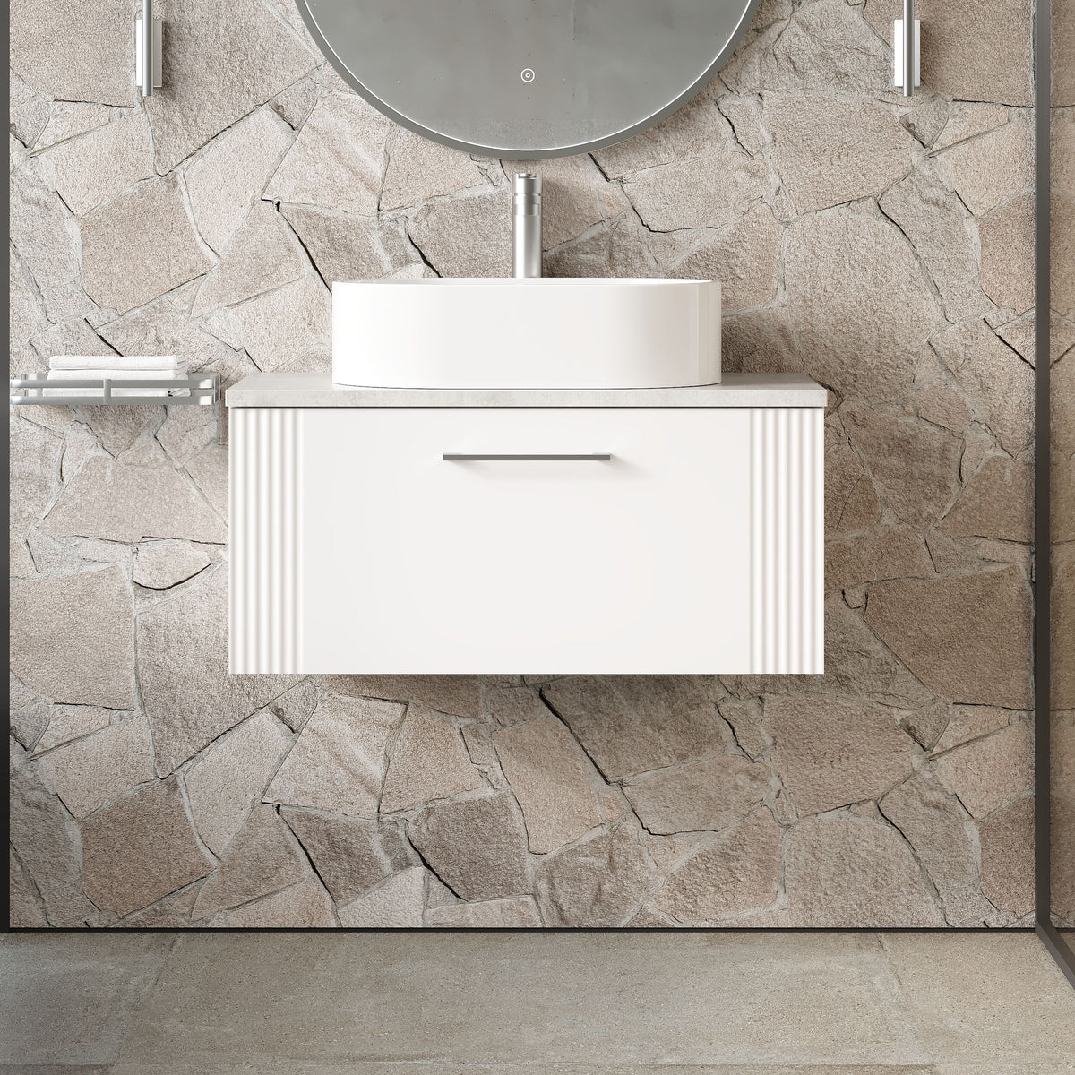 Modern Splash 800mm Satin White 1 Drawer Wall Hung Vanity With Bellato Grey Worktop