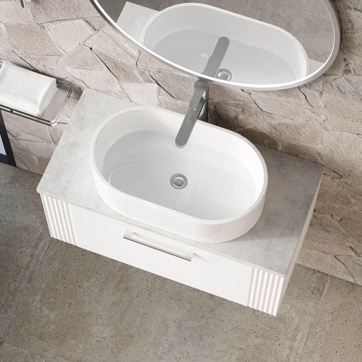 Modern Splash 800mm Satin White 1 Drawer Wall Hung Vanity With Bellato Grey Worktop