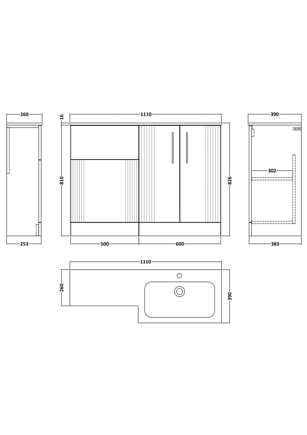 Modern Splash 1100mm Right-Hand 2 Door Satin Grey Floor Standing Combination Unit With Stone Basin