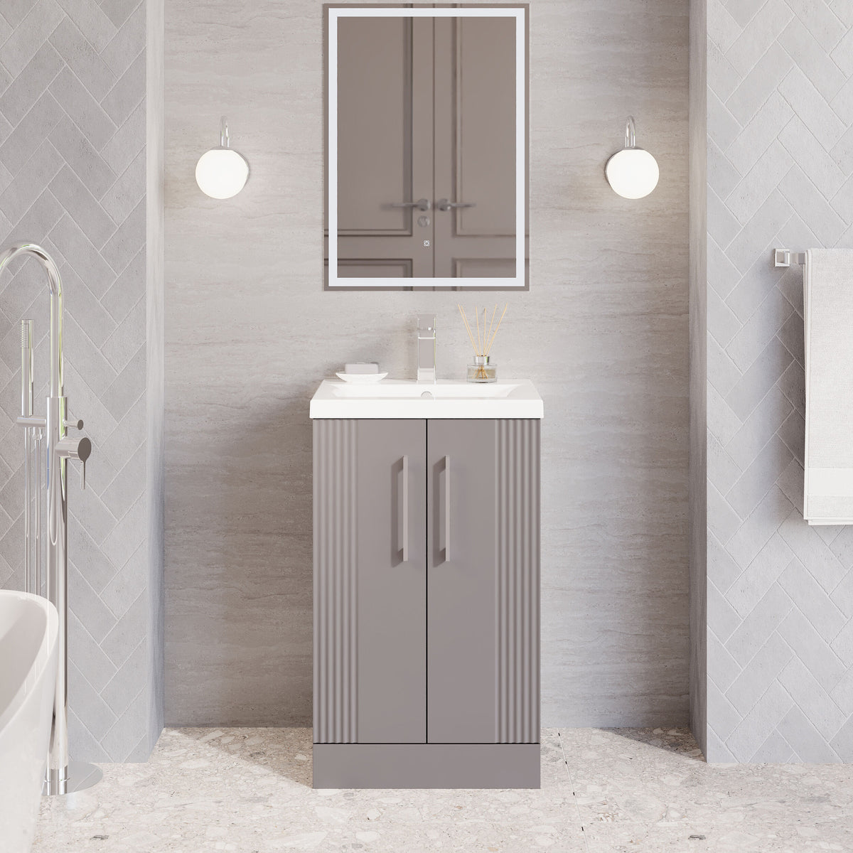 Modern Splash 500mm Satin Grey 2 Door Floor Standing Vanity Unit With Mid-Edge Basin