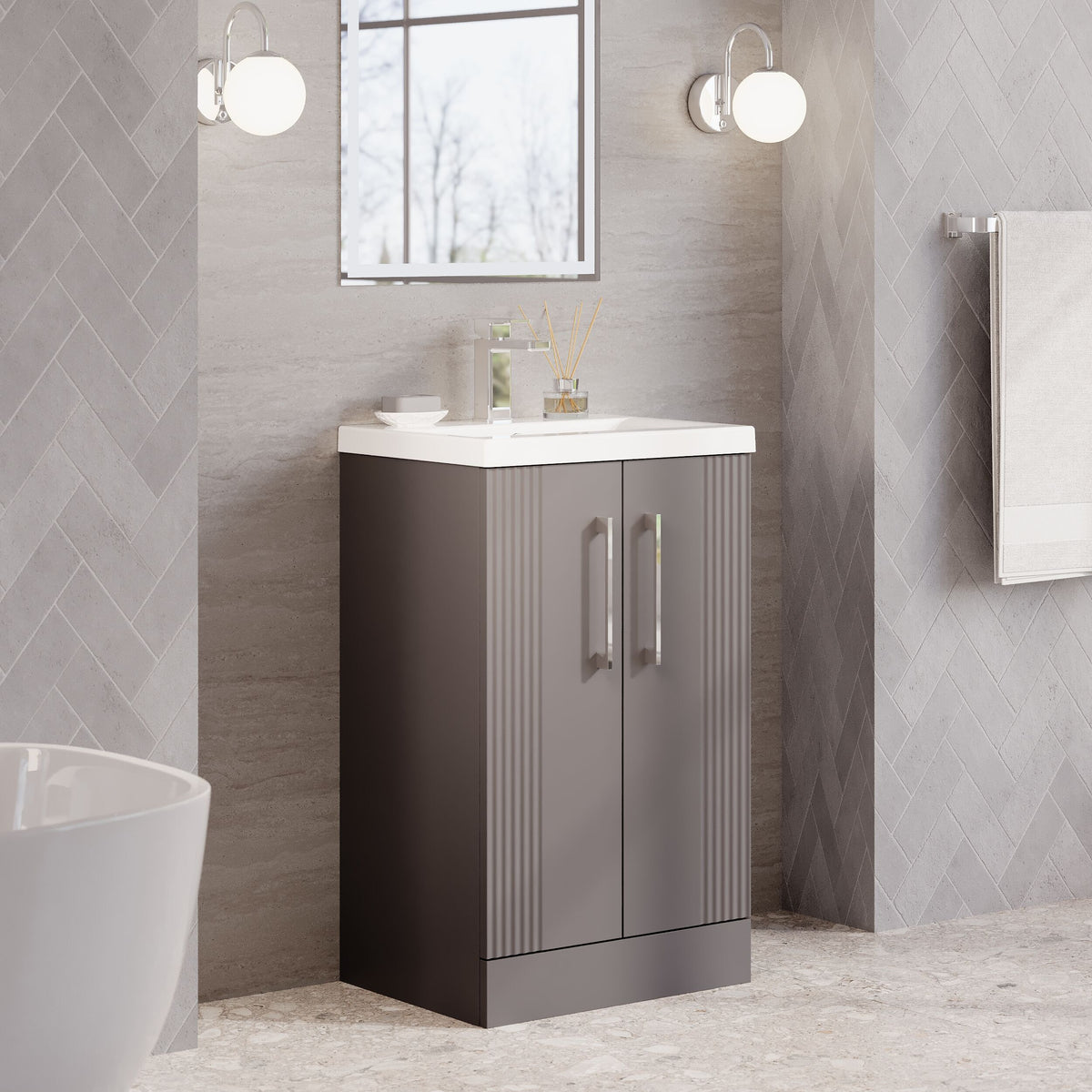 Modern Splash 500mm Satin Grey 2 Door Floor Standing Vanity Unit With Mid-Edge Basin