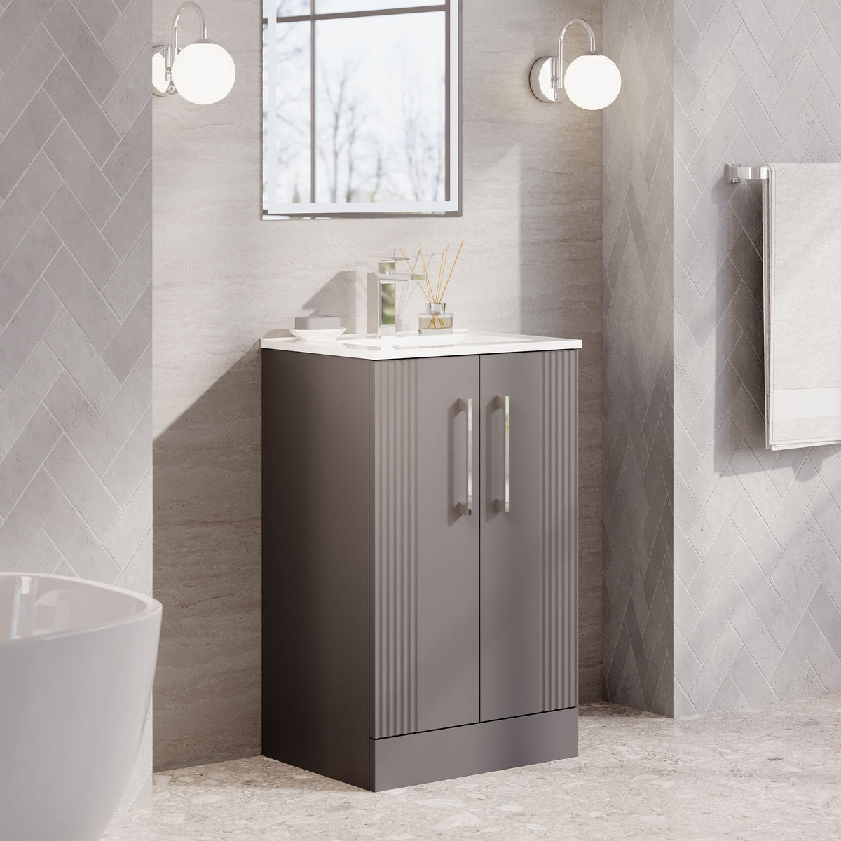Modern Splash 500mm Satin Grey 2 Door Floor Standing Vanity Unit With Minimalist Basin