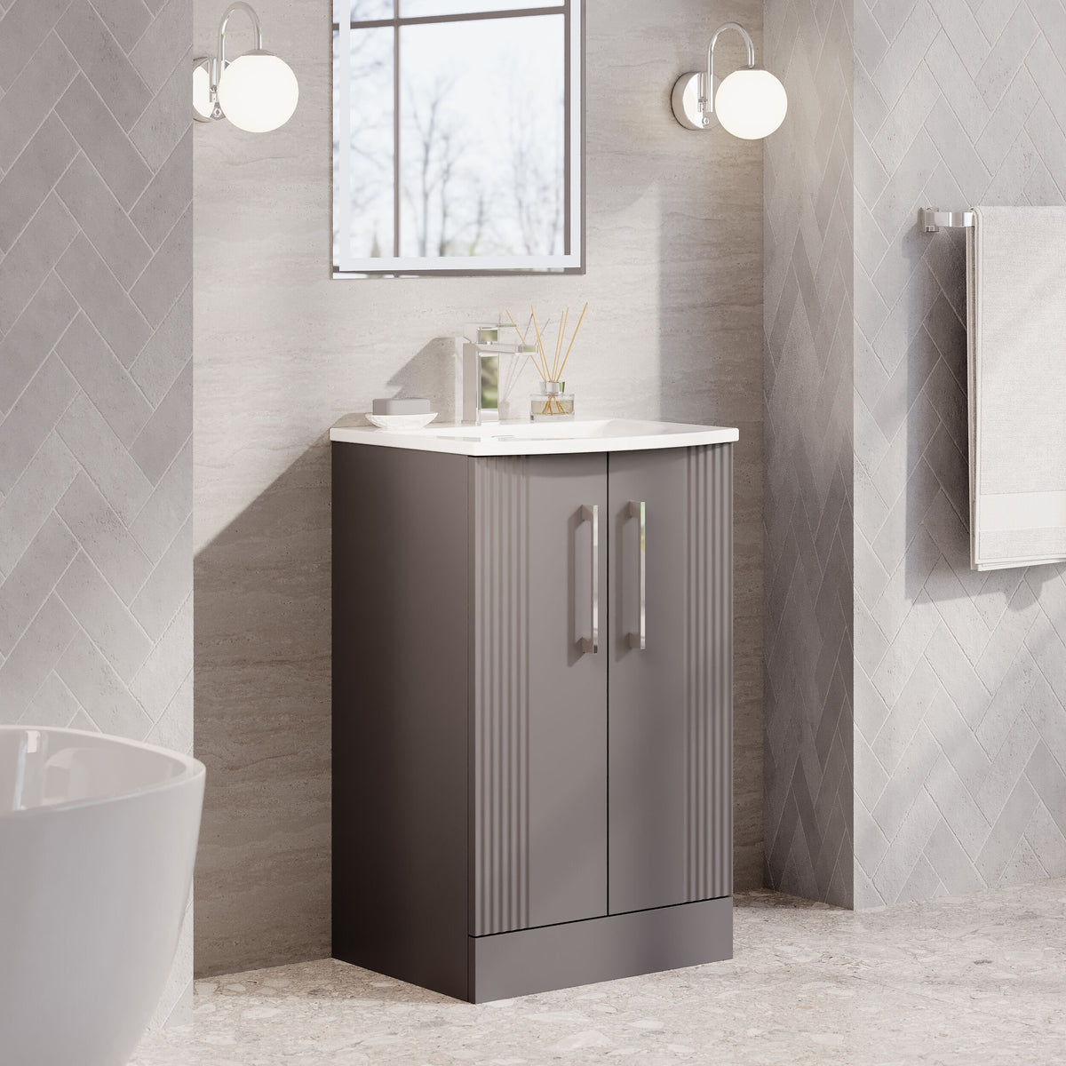 Modern Splash 500mm Satin Grey 2 Door Floor Standing Vanity Unit With Curved Basin