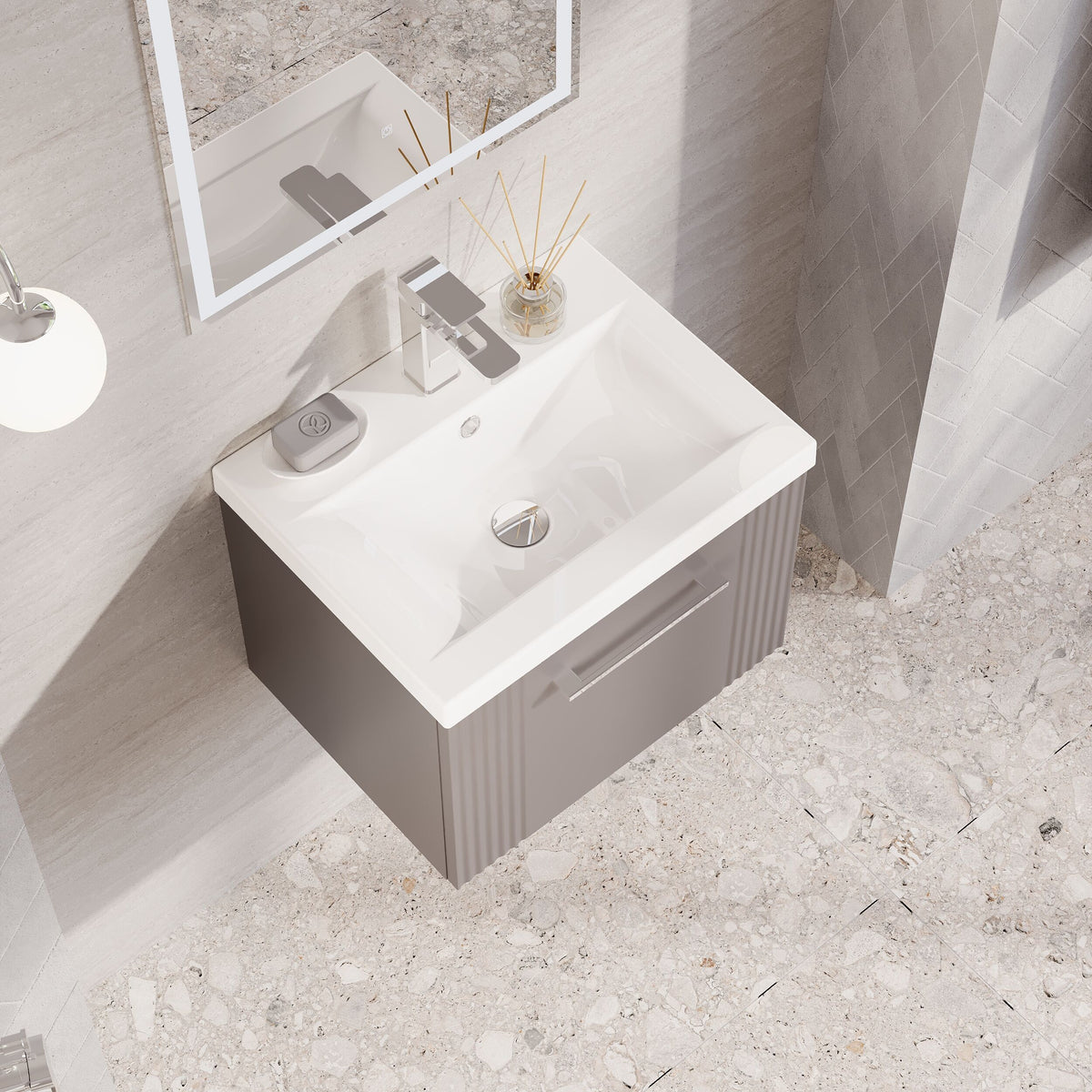 Modern Splash 500mm Satin Grey 1 Drawer Wall Hung Vanity Unit With Mid-Edge Basin