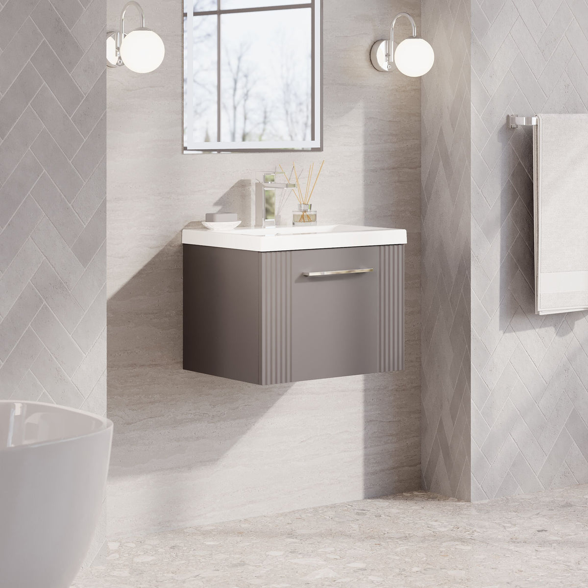 Modern Splash 500mm Satin Grey 1 Drawer Wall Hung Vanity Unit With Mid-Edge Basin