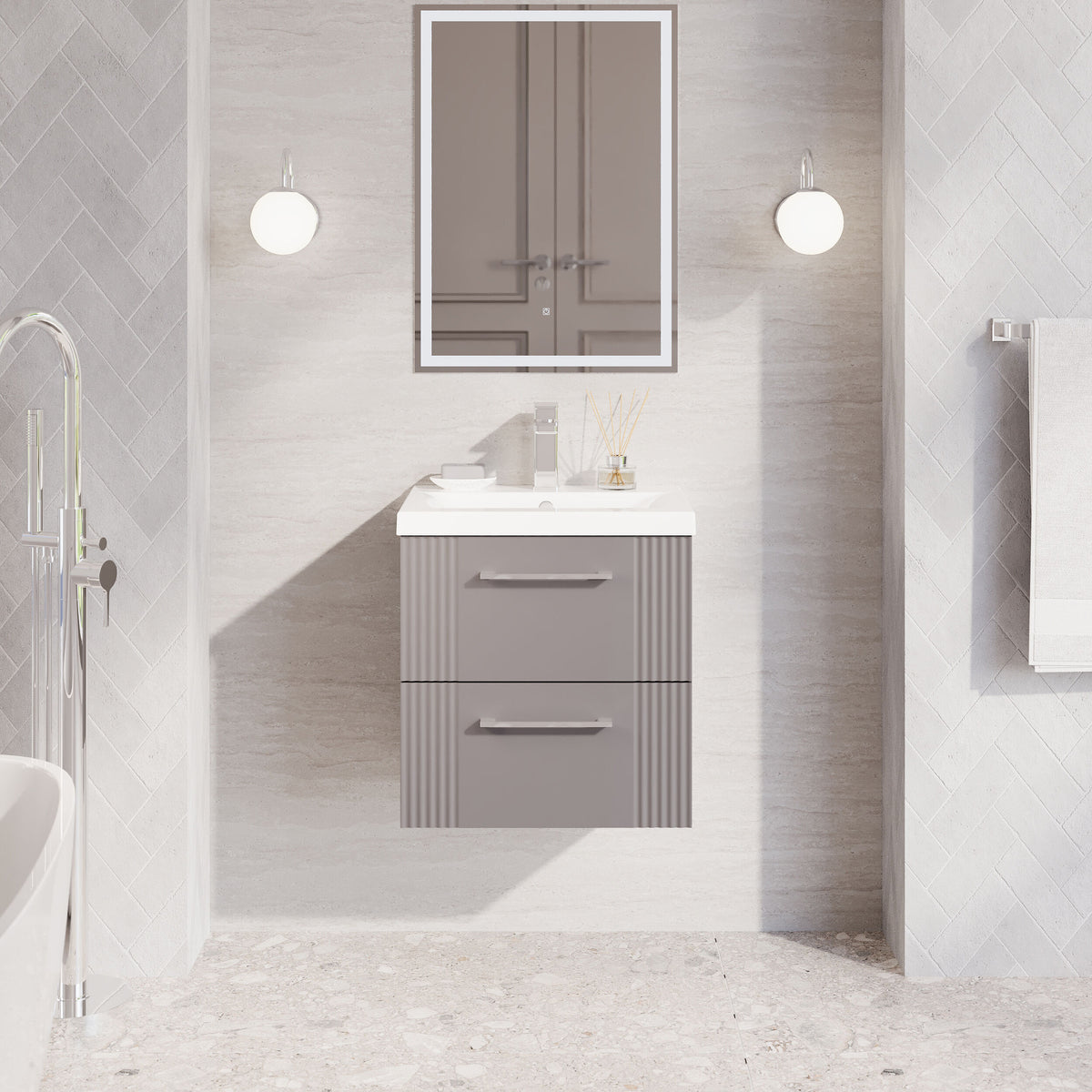 Modern Splash 500mm Satin Grey 2 Drawer Wall Hung Vanity Unit With Mid-Edge Basin