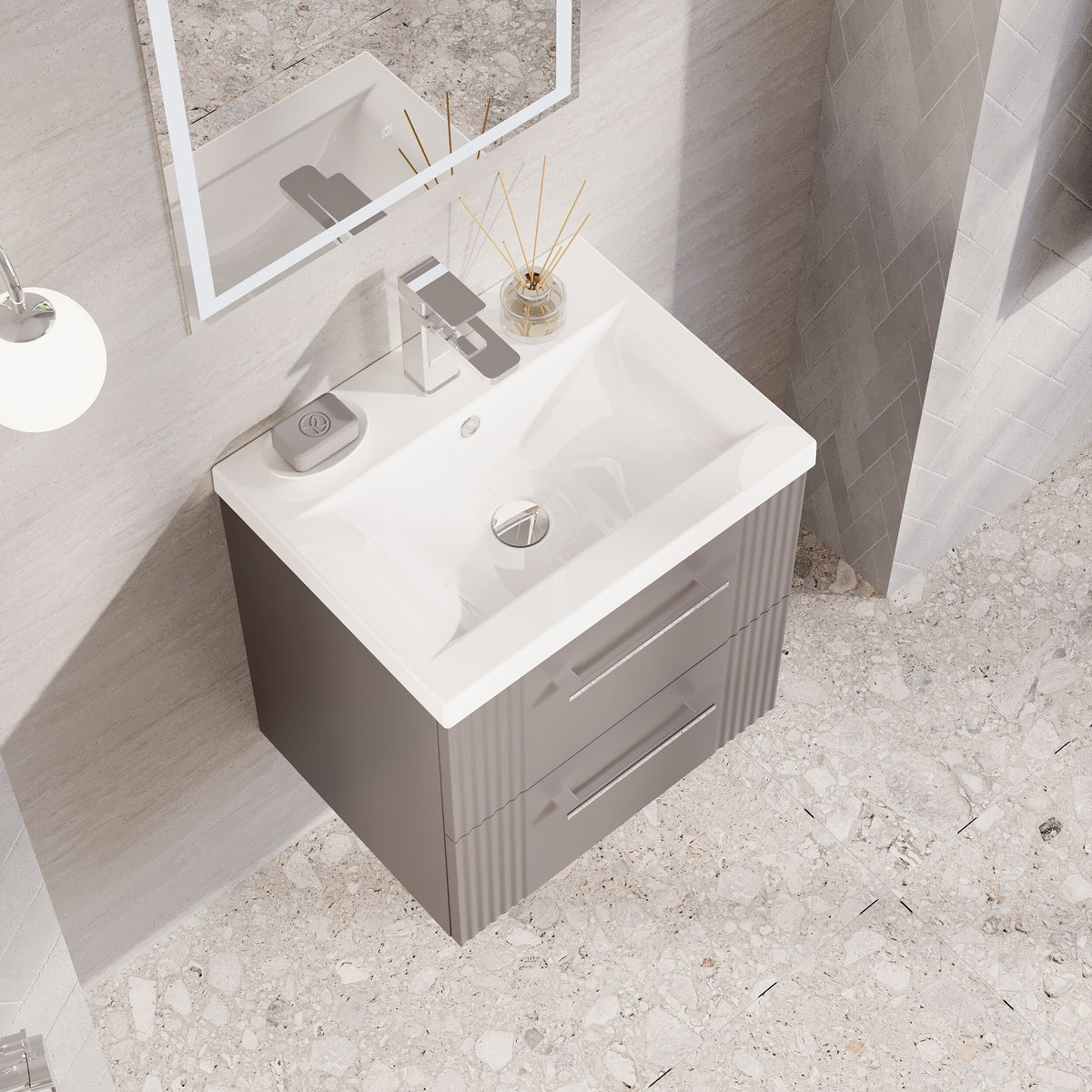 Modern Splash 500mm Satin Grey 2 Drawer Wall Hung Vanity Unit With Mid-Edge Basin