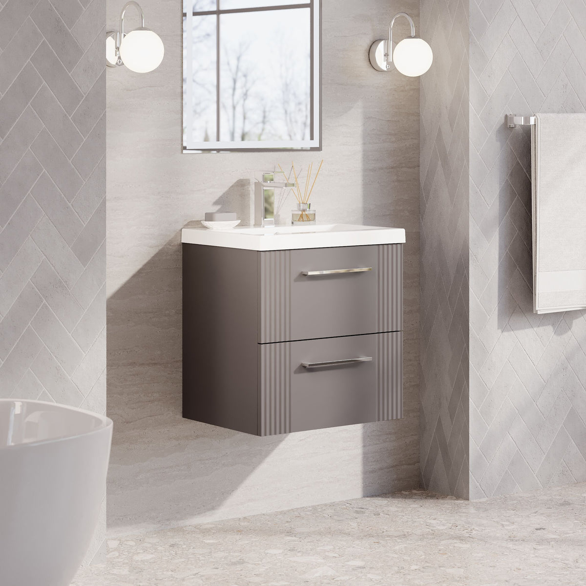 Modern Splash 500mm Satin Grey 2 Drawer Wall Hung Vanity Unit With Mid-Edge Basin