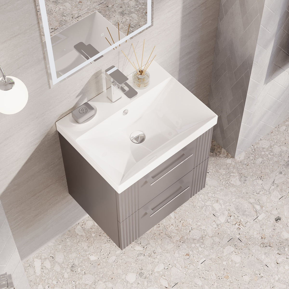 Modern Splash 500mm Satin Grey 2 Drawer Wall Hung Vanity Unit With Thin Edge Basin