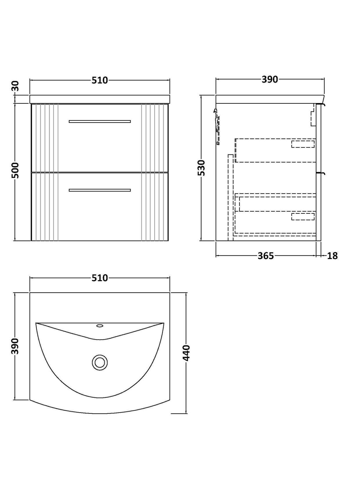Modern Splash 500mm Satin Grey 2 Drawer Wall Hung Vanity Unit With Curved Basin