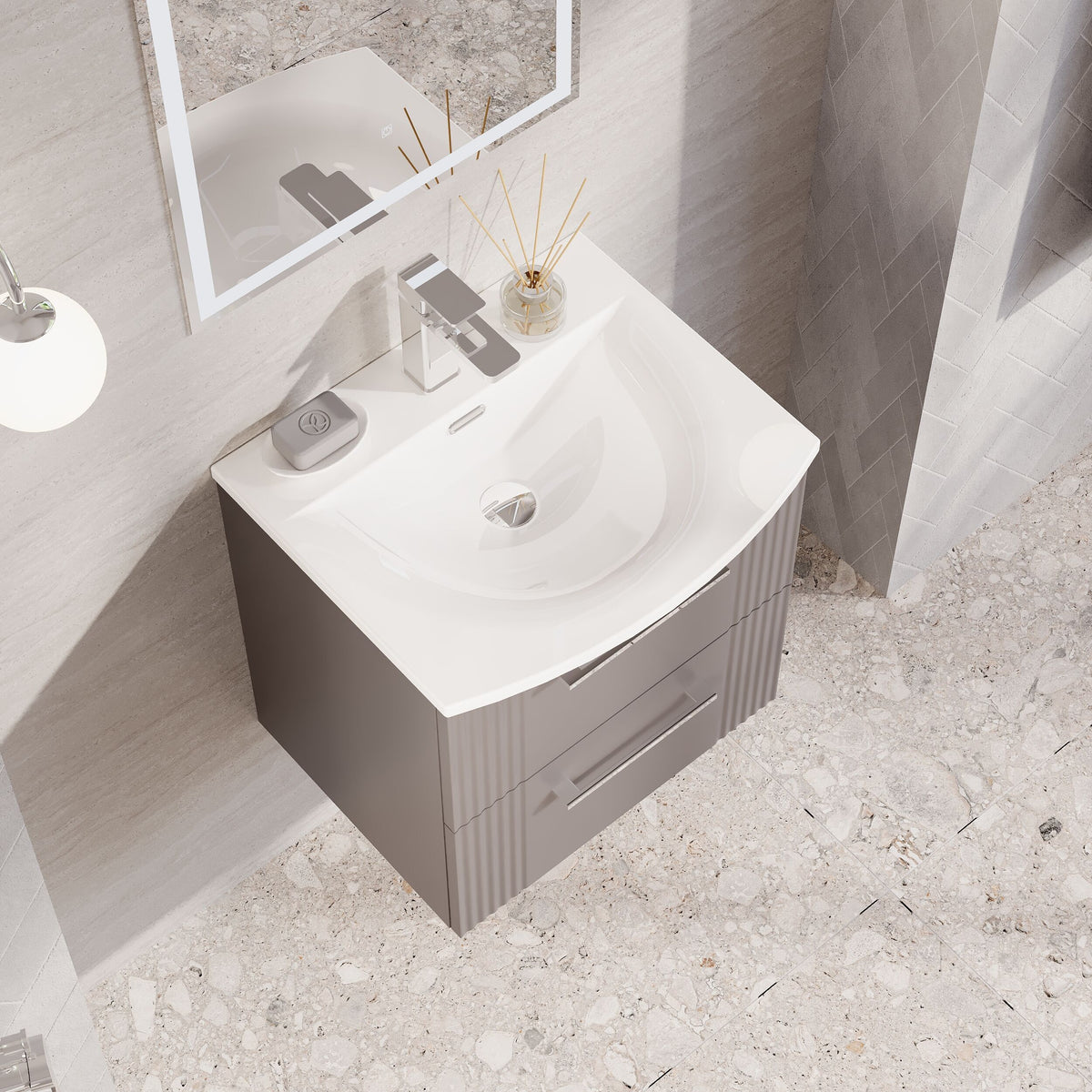 Modern Splash 500mm Satin Grey 2 Drawer Wall Hung Vanity Unit With Curved Basin