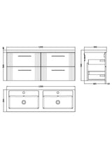 Modern Splash 1200mm Satin Grey 4 Drawer Wall Hung Vanity Unit With 2 Tap Hole Polymarble basin