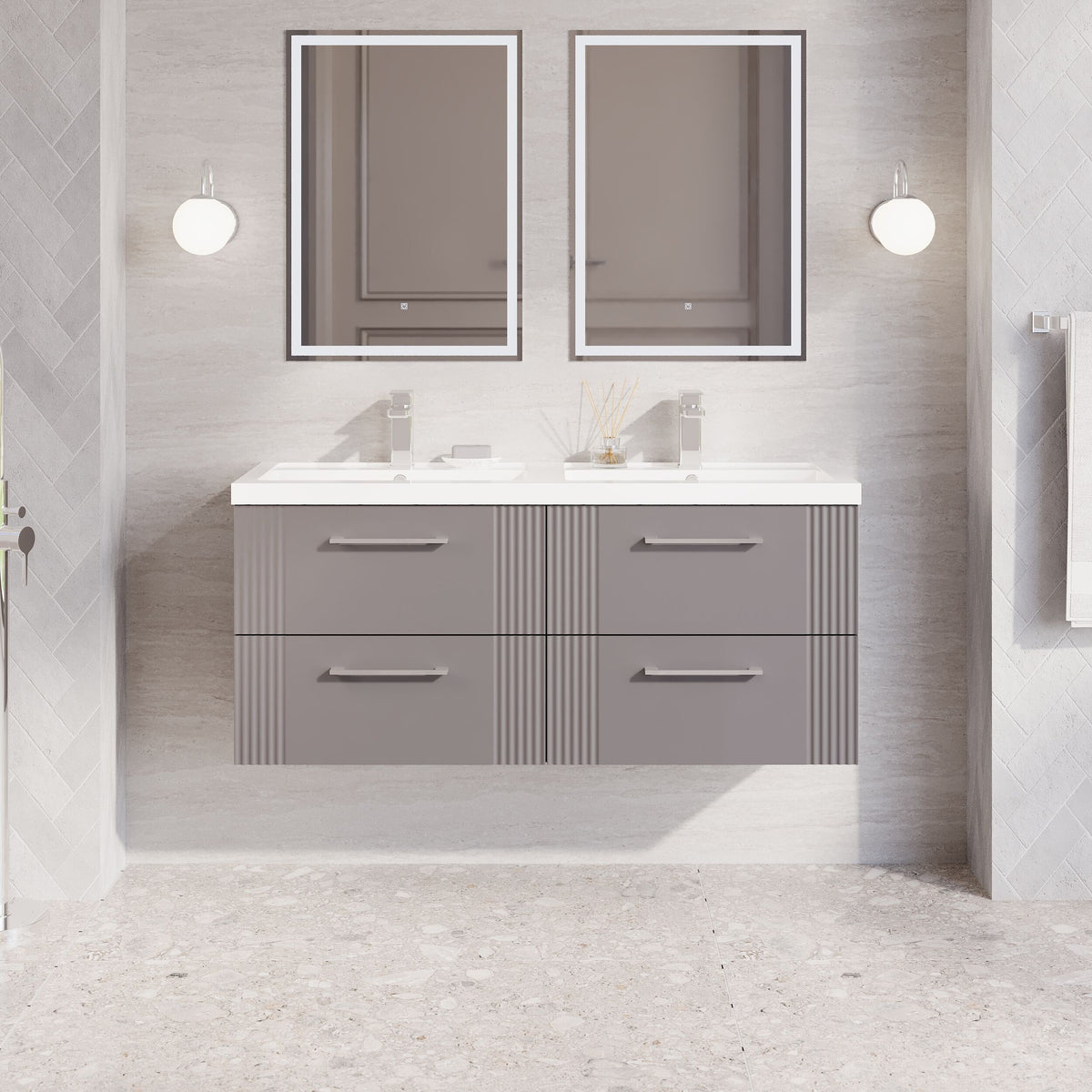 Modern Splash 1200mm Satin Grey 4 Drawer Wall Hung Vanity Unit With 2 Tap Hole Polymarble basin