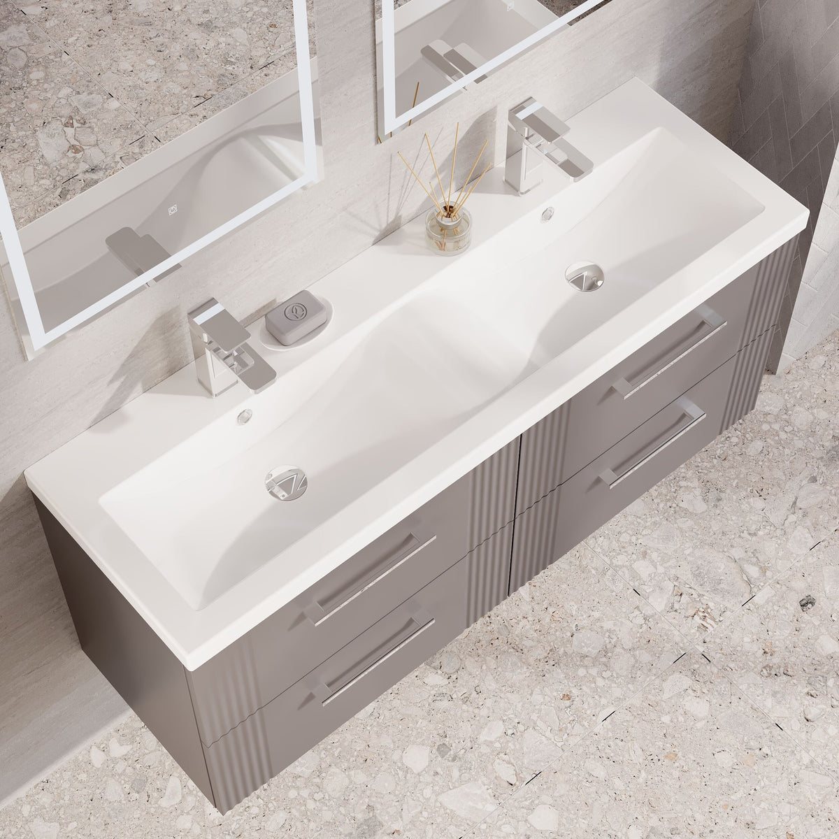Modern Splash 1200mm Satin Grey 4 Drawer Wall Hung Vanity Unit With 2 Tap Hole Ceramic Basin