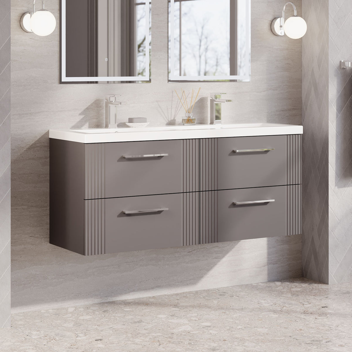 Modern Splash 1200mm Satin Grey 4 Drawer Wall Hung Vanity Unit With 2 Tap Hole Ceramic Basin