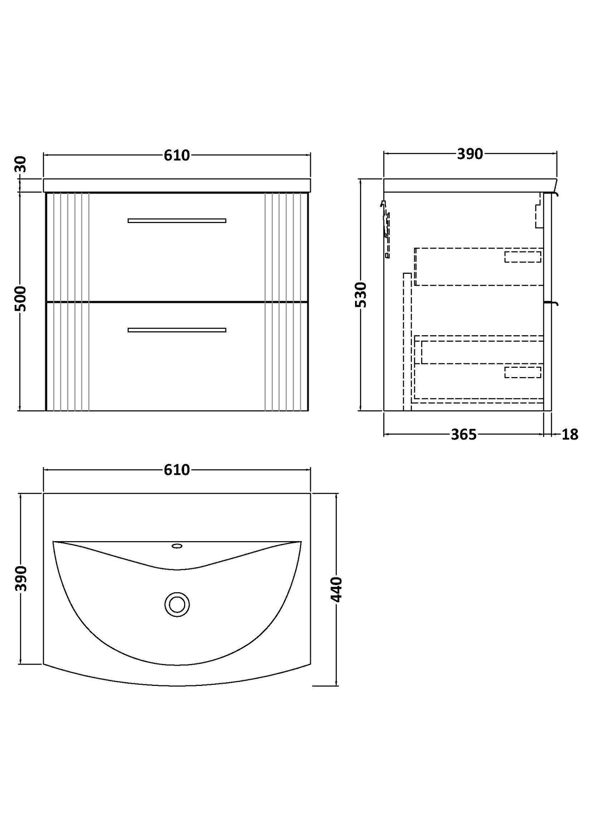 Modern Splash 600mm Satin Grey 2 Drawer Wall Hung Vanity Unit With Curved Basin