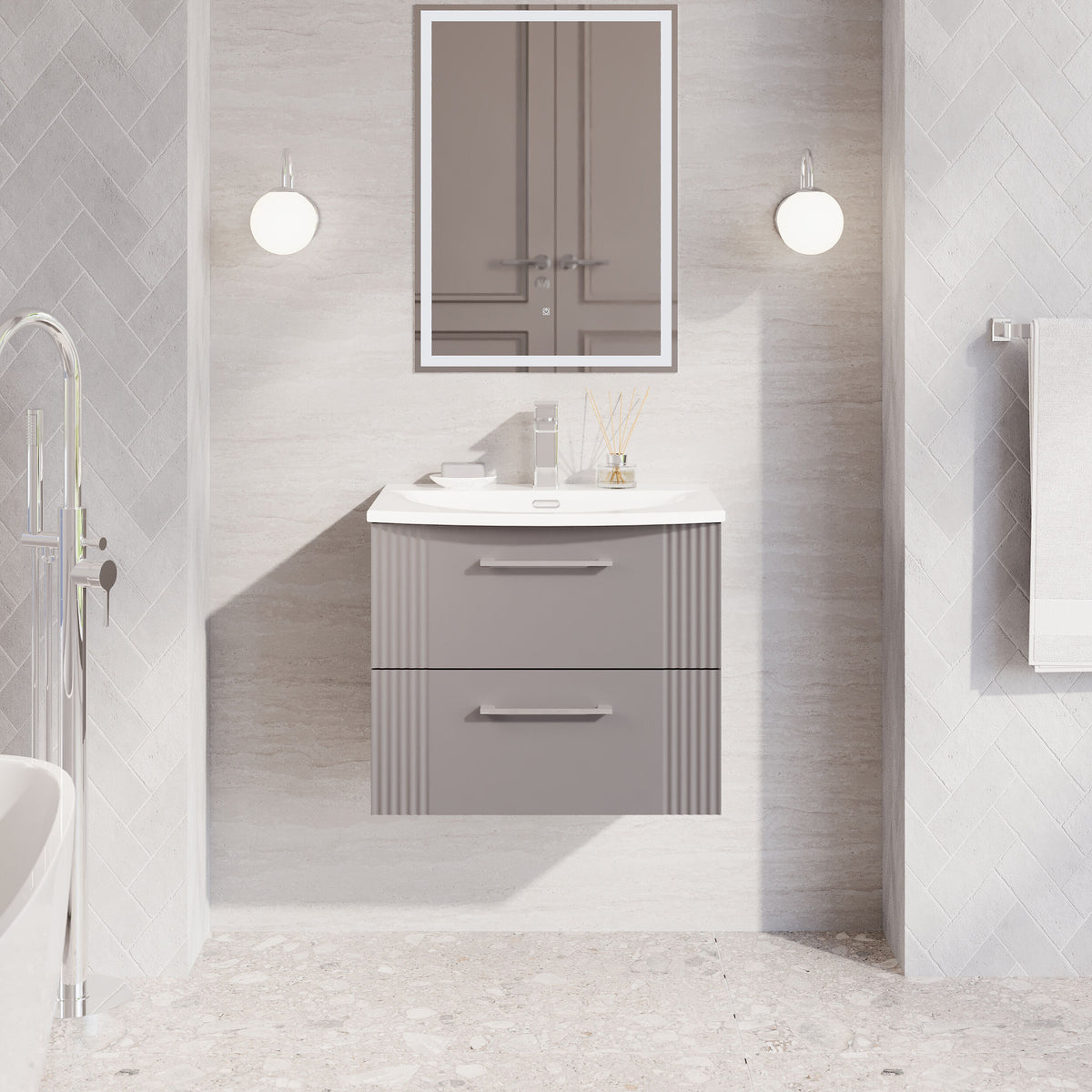 Modern Splash 600mm Satin Grey 2 Drawer Wall Hung Vanity Unit With Curved Basin
