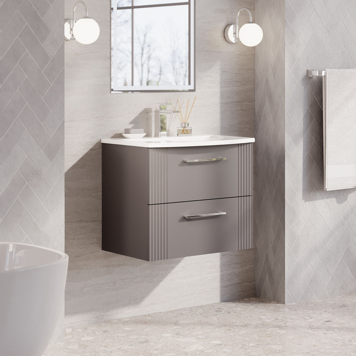 Modern Splash 600mm Satin Grey 2 Drawer Wall Hung Vanity Unit With Curved Basin