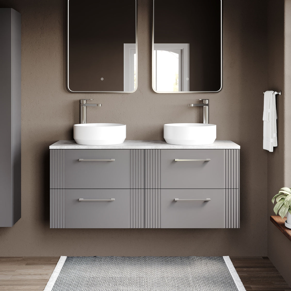 Modern Splash 1200mm Satin Grey 4 Drawer Wall Hung Vanity Unit With Bellato Grey Worktop