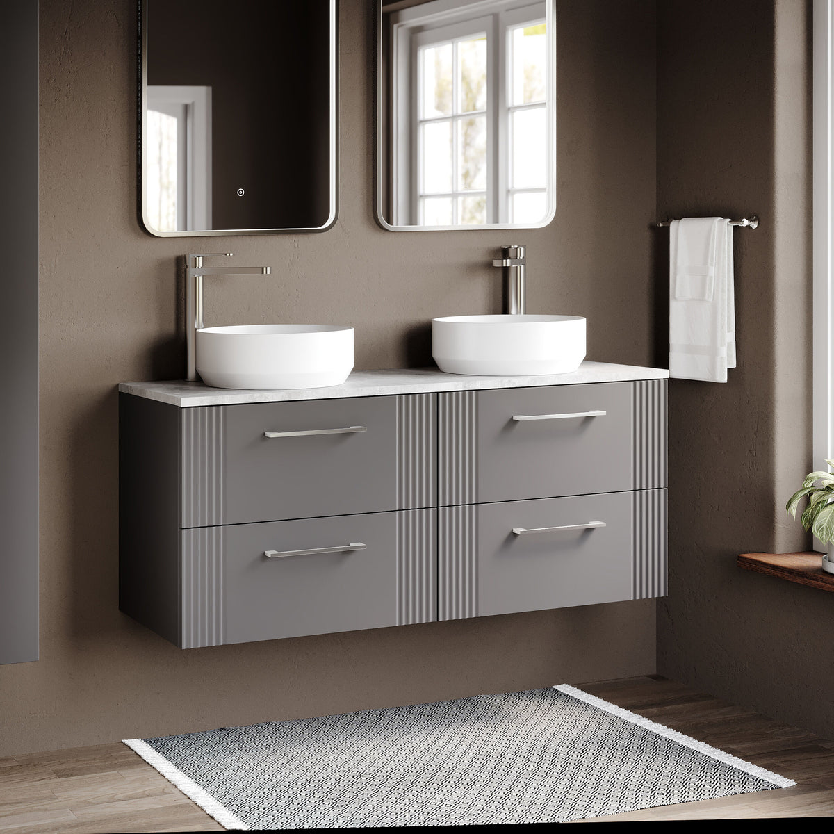 Modern Splash 1200mm Satin Grey 4 Drawer Wall Hung Vanity Unit With Bellato Grey Worktop