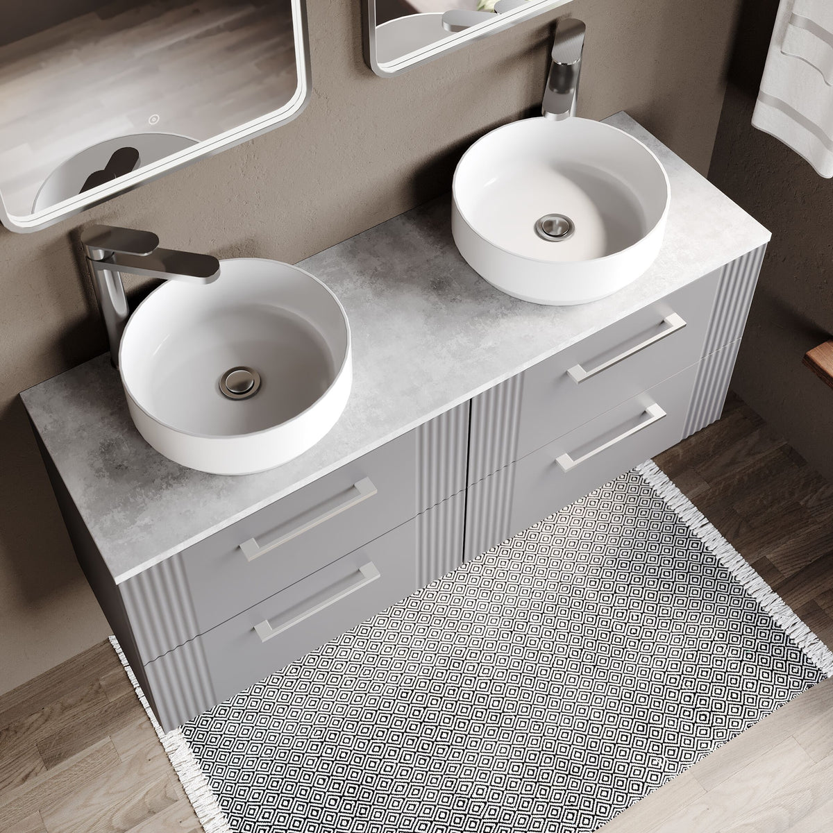 Modern Splash 1200mm Satin Grey 4 Drawer Wall Hung Vanity Unit With Bellato Grey Worktop