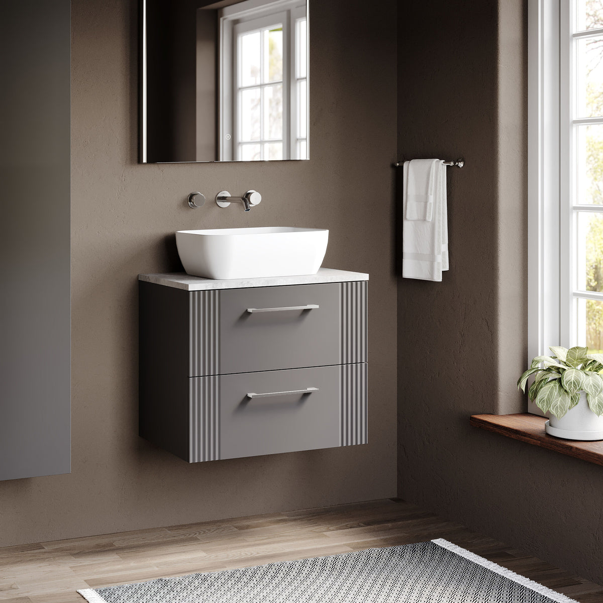 Modern Splash 600mm Satin Grey  Part Fluted 2 Drawer Wall Hung Vanity Unit With Bellato Grey Worktop
