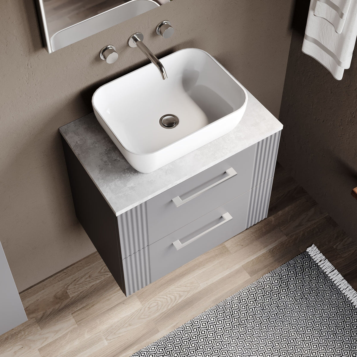 Modern Splash 600mm Satin Grey  Part Fluted 2 Drawer Wall Hung Vanity Unit With Bellato Grey Worktop