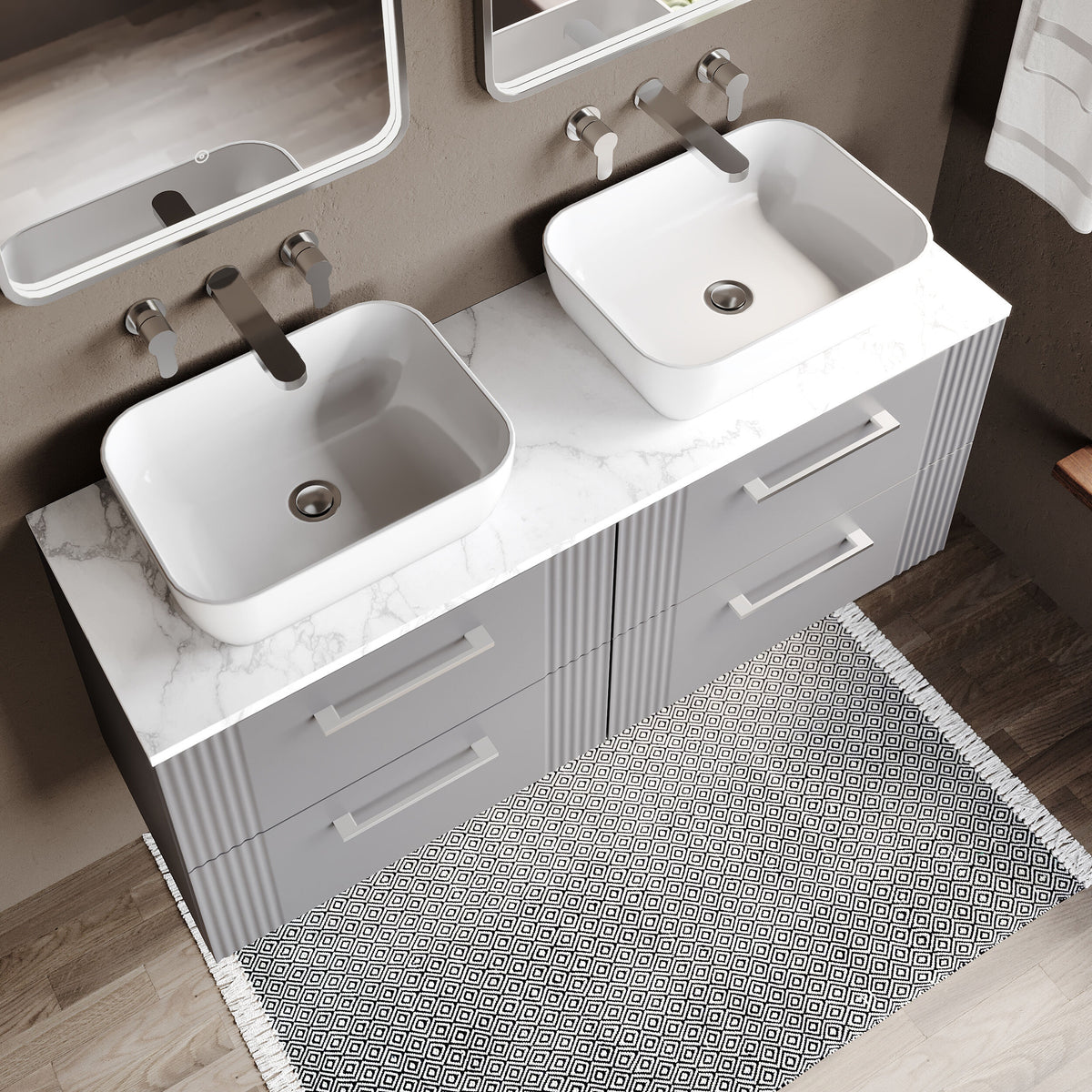 Modern Splash Fluted 1200mm Satin Grey 4 Drawer Wall Hung Vanity With Carrara Laminate Worktop