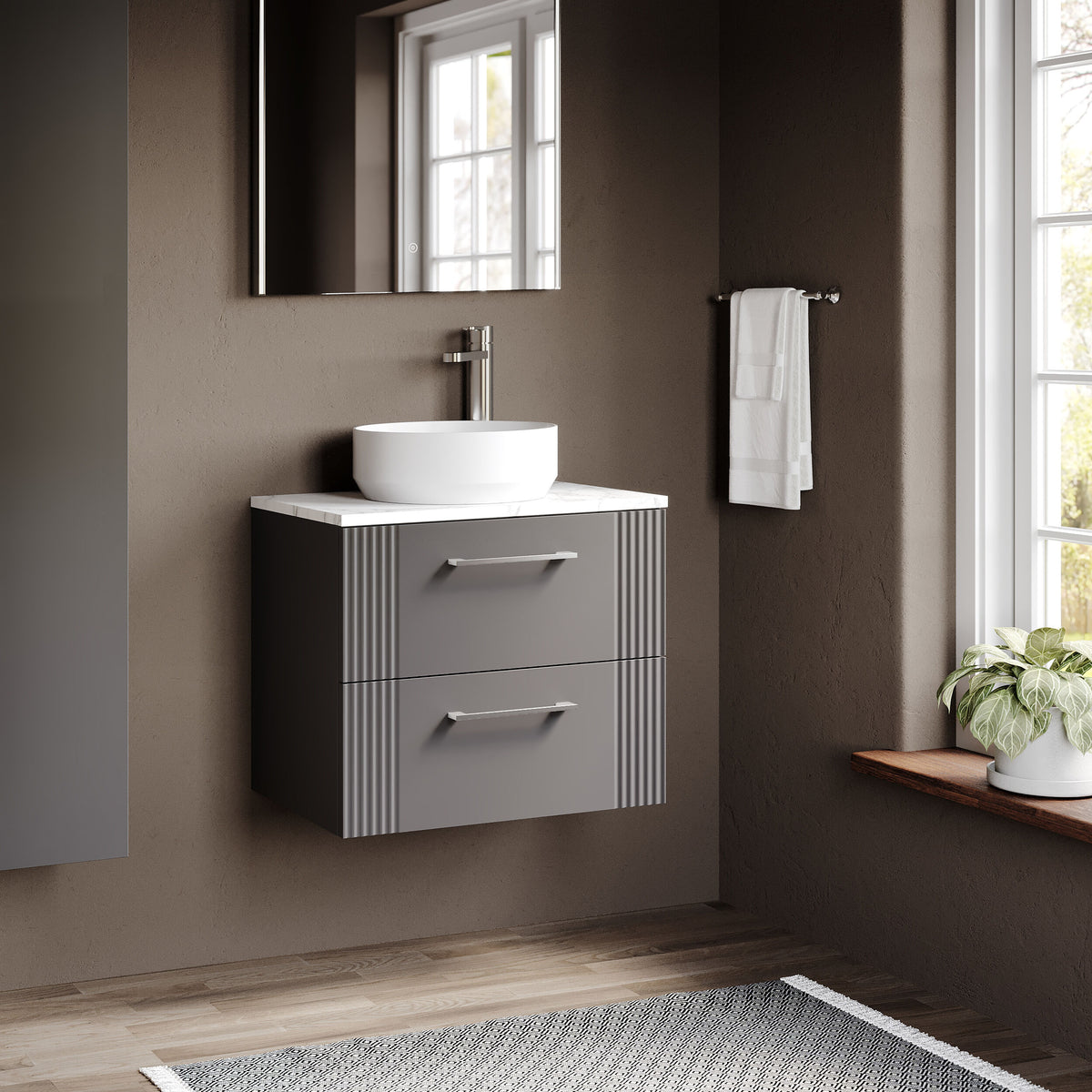 Modern Splash 600mm Satin Grey 2 Drawer Wall Hung Vanity Unit With Carrara Laminate Worktop