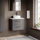 Modern Splash 600mm Satin Grey 2 Drawer Wall Hung Vanity Unit With Carrara Laminate Worktop