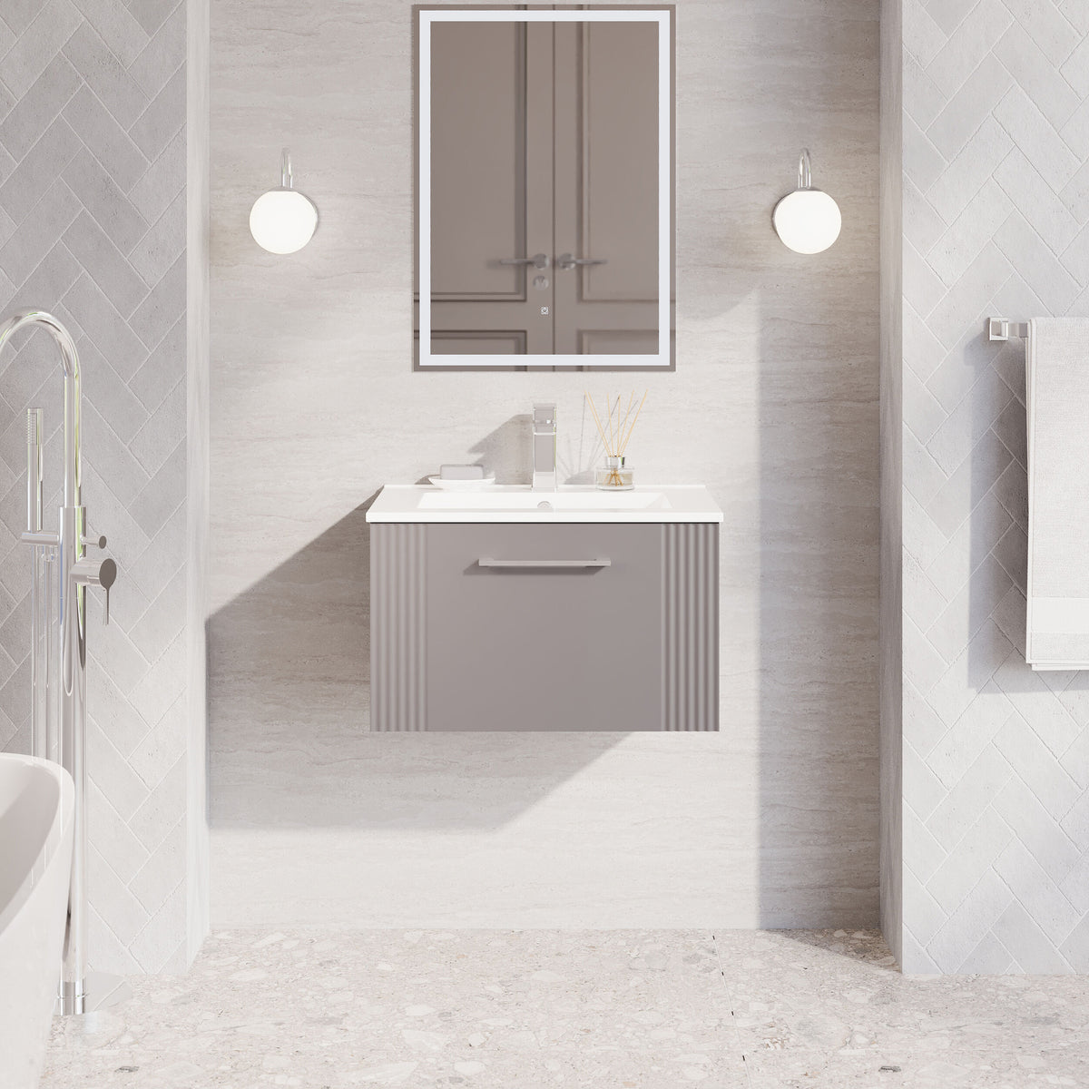 Modern Splash 600mm Satin Grey 1 Drawer Wall Hung Vanity Unit With Minimalist Basin