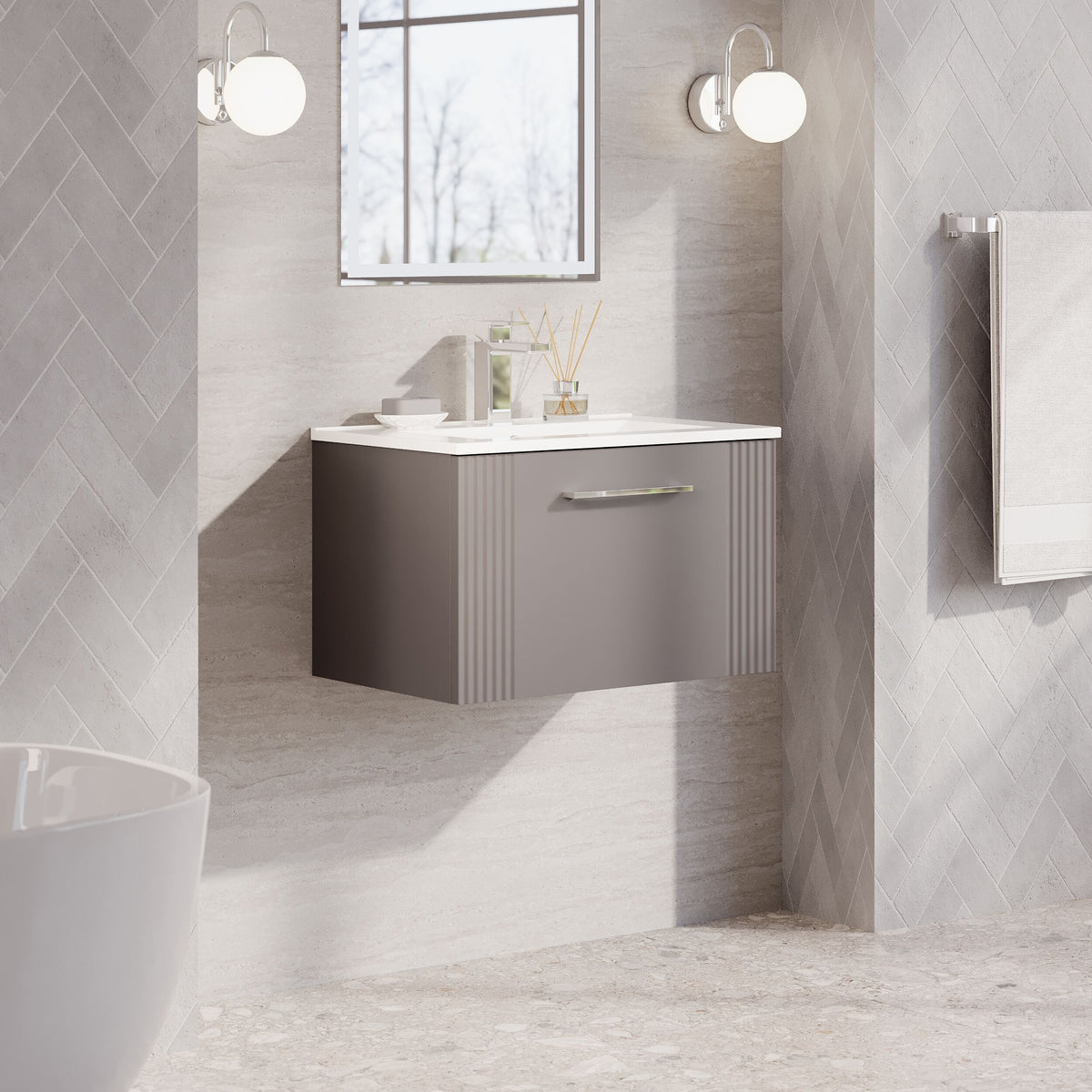 Modern Splash 600mm Satin Grey 1 Drawer Wall Hung Vanity Unit With Minimalist Basin