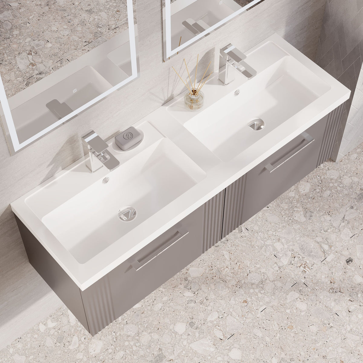 Modern Splash 1200mm Satin Grey 2 Drawer Wall Hung Vanity Unit With 2 Tap Hole Polymarble basin