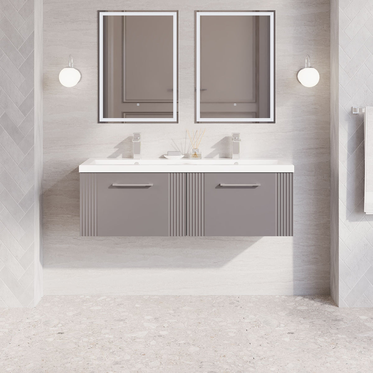 Modern Splash 1200mm Satin Grey 2 Drawer Wall Hung Vanity Unit With 2 Tap Hole Ceramic Basin