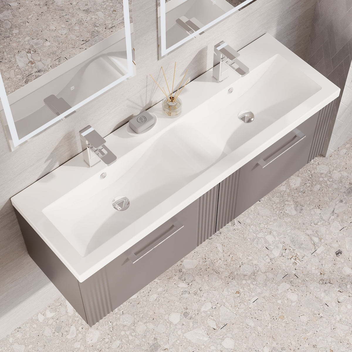 Modern Splash 1200mm Satin Grey 2 Drawer Wall Hung Vanity Unit With 2 Tap Hole Ceramic Basin
