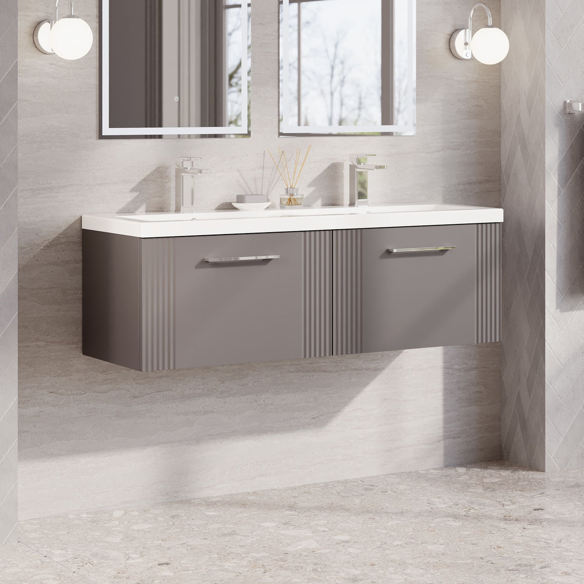 Modern Splash 1200mm Satin Grey 2 Drawer Wall Hung Vanity Unit With 2 Tap Hole Ceramic Basin