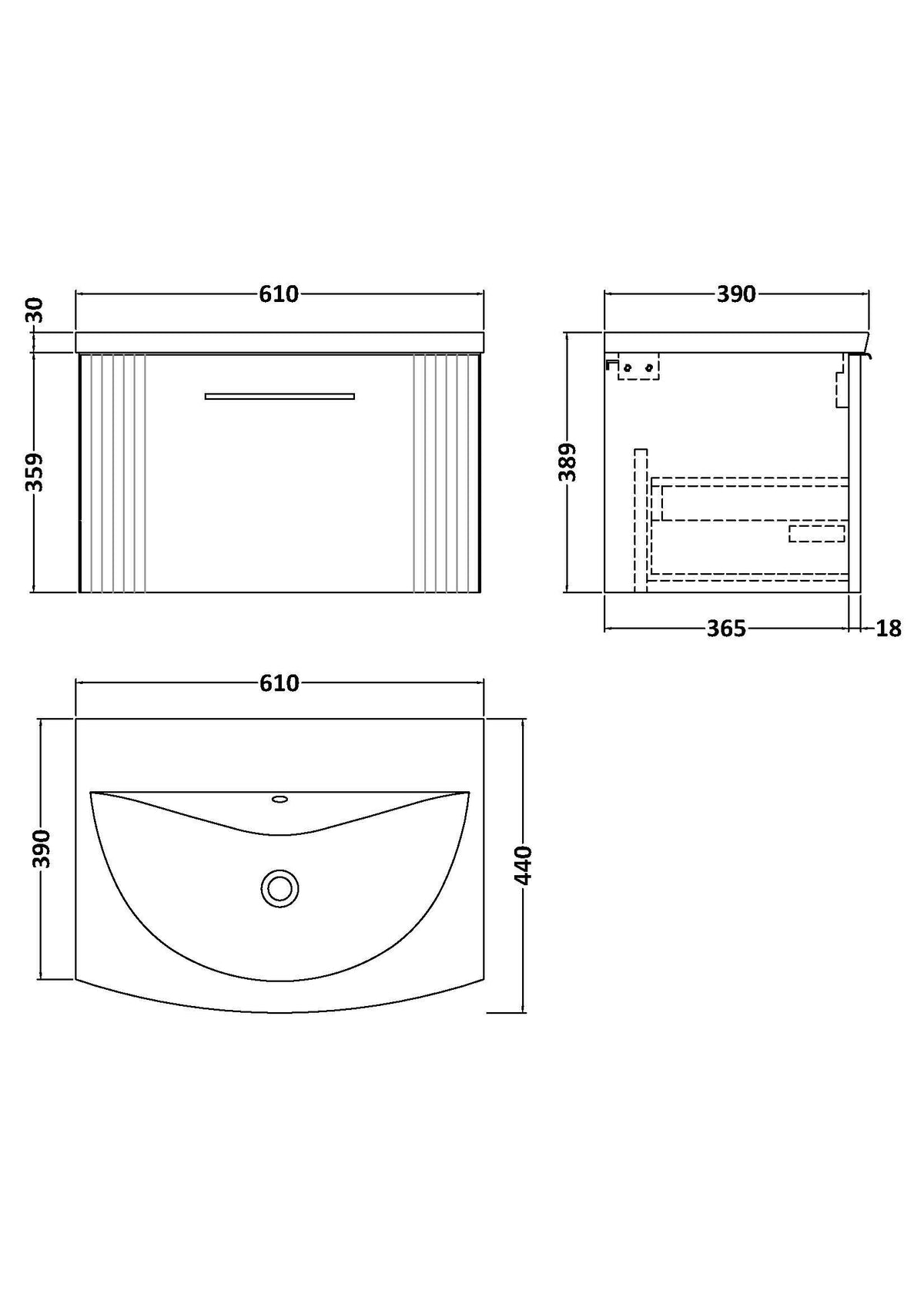 Modern Splash 600mm Satin Grey 1 Drawer Wall Hung Vanity Unit With Curved Basin
