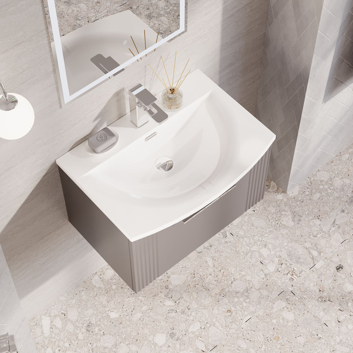 Modern Splash 600mm Satin Grey 1 Drawer Wall Hung Vanity Unit With Curved Basin