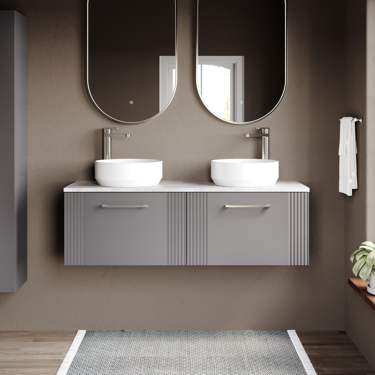 Modern Splash 1200mm Satin Grey 4 Door Wall Hung Vanity Unit With Bellato Grey Worktop
