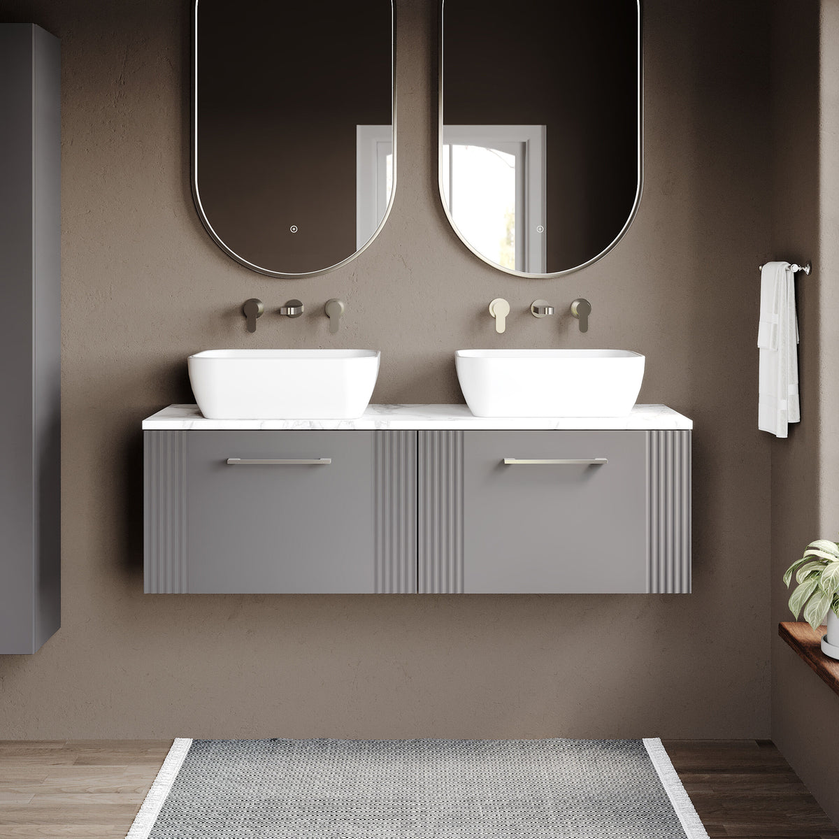 Modern Splash Fluted 1200mm Satin Grey  2 Drawer Wall Hung Vanity With Carrara Laminate Worktop