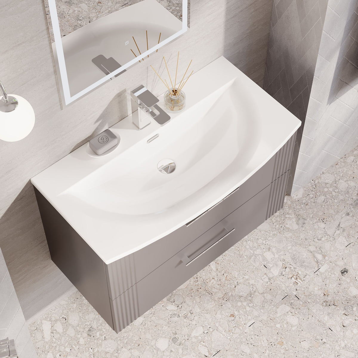 Modern Splash 800mm Satin Grey 2 Drawer Wall Hung Vanity Unit With Curved Basin