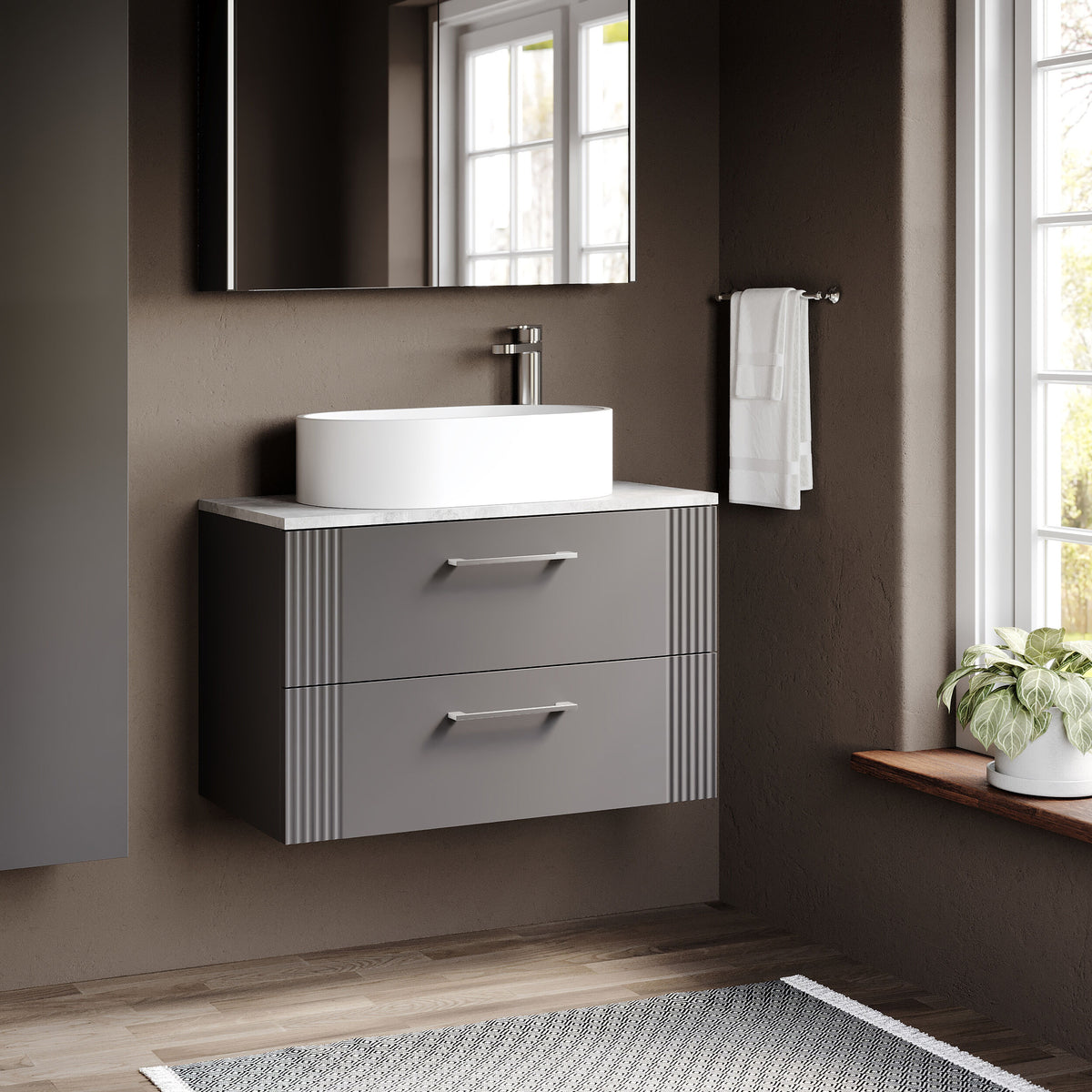 Modern Splash 800mm Satin Grey  2 Drawer Wall Hung Vanity Unit With Bellato Grey Worktop